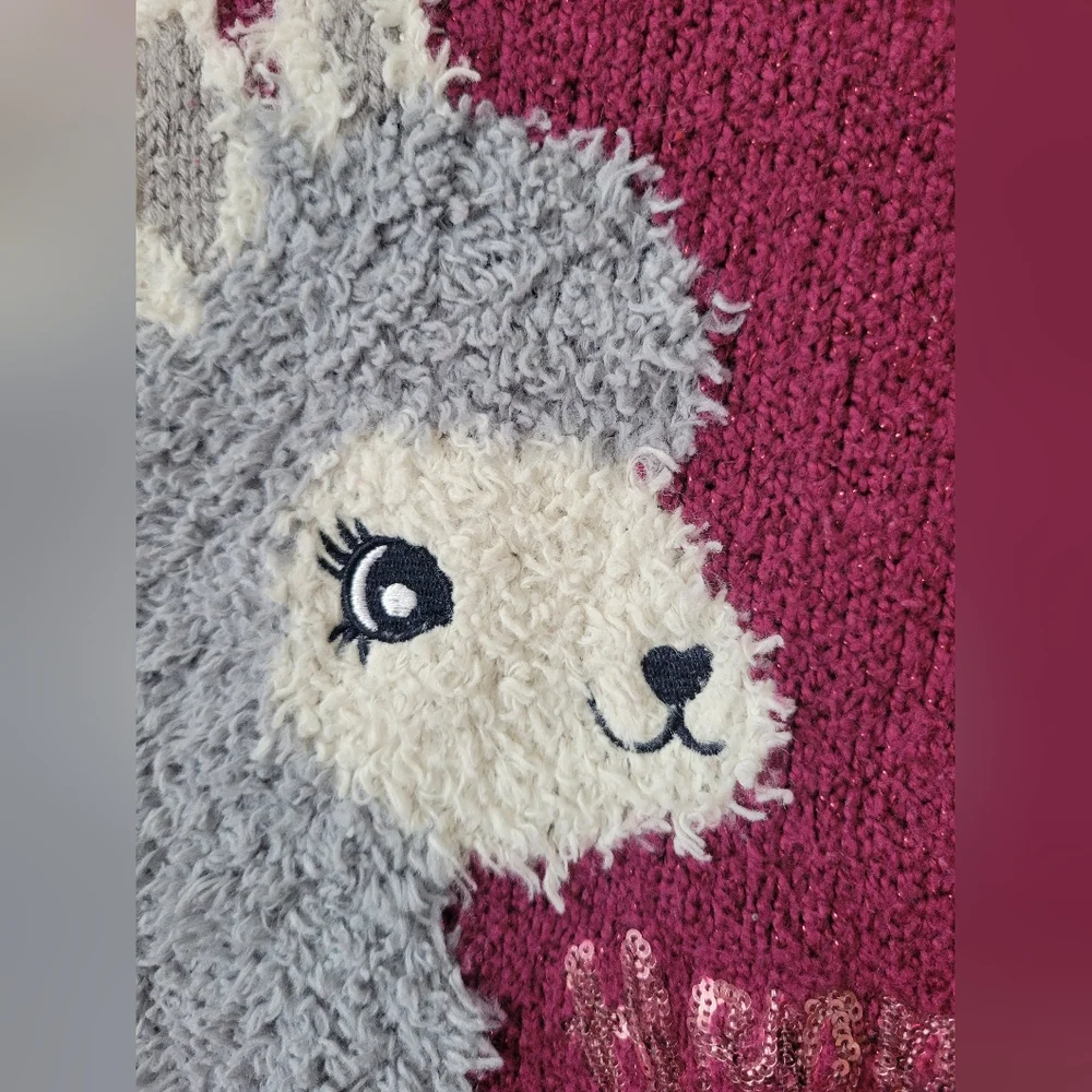 Justice Burgundy Maroon Fuzzy Knit Llama Tunic Sweater with Pom Poms 8